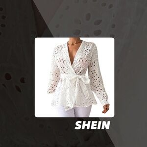 EUC SHEIN Eyelet Belted Peplum Blouse